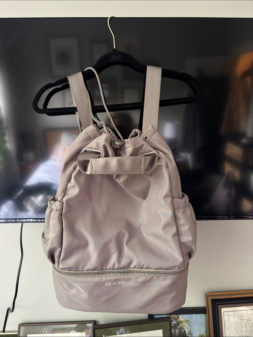 Beyond Yoga Grey Drawstring Backpack with Zippered Base